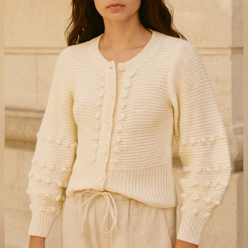 Apiece Apart Ileana Crochet Knit Pom Pom Cardigan White